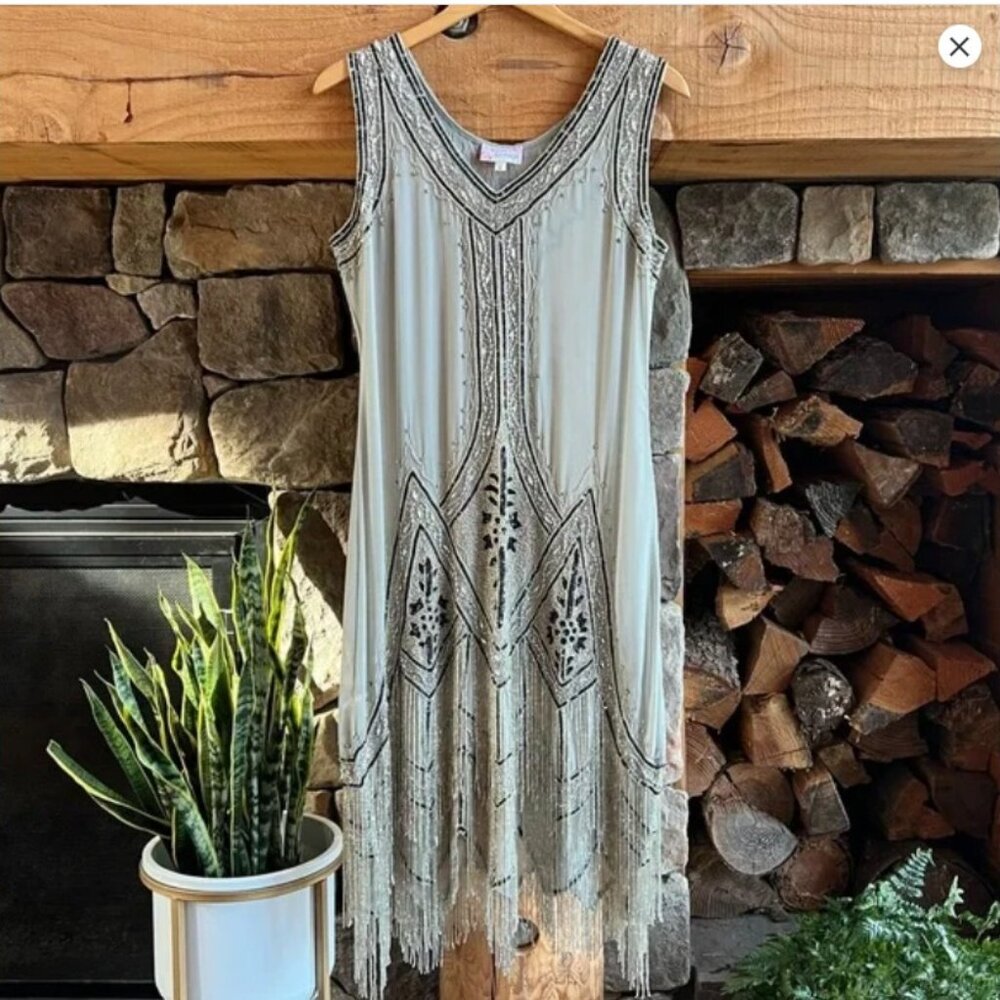 Unique Vintage | ART DECO | Gatsby Flapper | Fringe dress | M | Real Bead Fringe